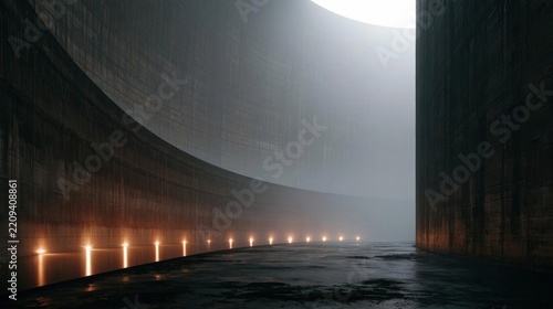 Long, narrow corridor with a curved wall on one side and a row of lights on the other side. the corridor appears to be made of concrete and has a dark, foggy atmosphere.