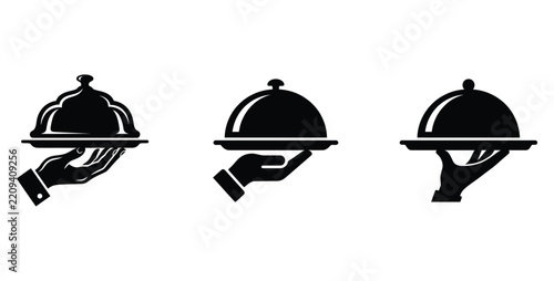 waiter holding serving tray with dome lid icons isolated on transparent background