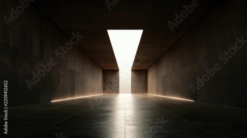 Empty room with a triangular light at the end of the room. the room has a dark, concrete floor and walls on both sides. the walls are made of dark grey tiles and the ceiling is made of concrete.