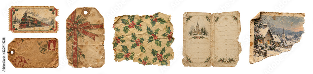 Fototapeta premium Vintage Christmas paper scraps on transparent background, steam train ticket, gift tags, holly pattern, blank card and snowy village.