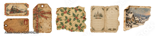 Vintage Christmas paper scraps on transparent background, steam train ticket, gift tags, holly pattern, blank card and snowy village.