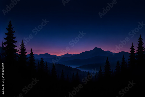 Mountain forest landscape silhouette at dawn with misty valley and purple sky mountain mountains