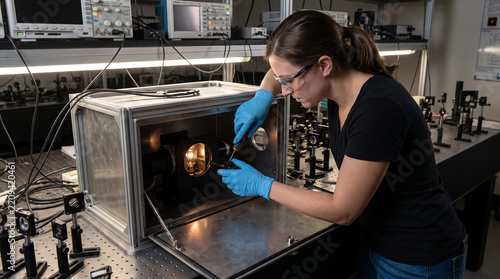 Female optics technician adjusting xenon lamp alignment inside shielded housing in laboratory. Concept of optical engineering, light source, laser lab.