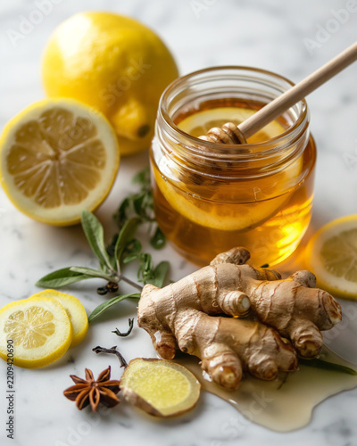 Natural honey lemon ginger wellness remedy with fresh ingredients on marble countertop