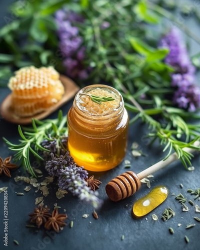 Artisanal herbal honey with lavender rosemary and honeycomb on dark botanical background