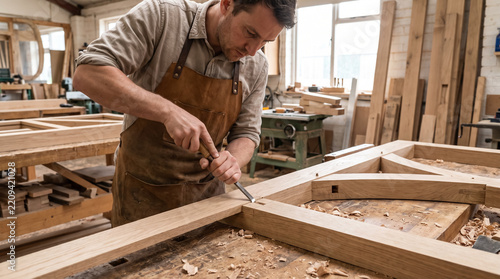 Skilled Carpenter Working with Chisel in Woodworking Workshop Crafting Wooden Frame. Concept of joinery workshop, wood, craftsman, craftsmanship, woodworker, hand tool.