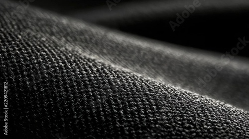 Close-up of a fabric texture. the fabric appears to be made of a textured material with a subtle sheen. the color of the fabric is a dark grey, with a hint of white.
