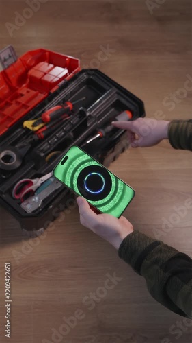 Hand holding smartphone asking AI assistant for home repair advice