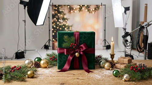 Professional Photo Studio Setup for Christmas Product Photography with Elegant Green Velvet Gift Box