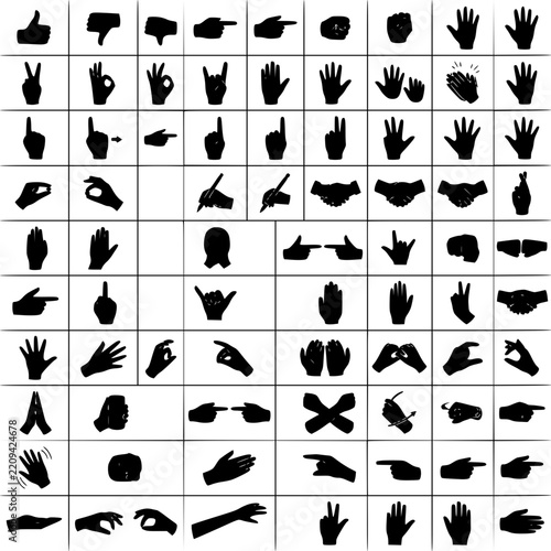 Comprehensive collection of human hand silhouettes in vari set with simple line art design featuring outline, illustration, graphic elements with clean design and vector art
