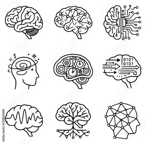 Grid collection of nine minimalist brain icons in a black set with simple line art design featuring line art, illustrations, graphic resources with vector and design elements