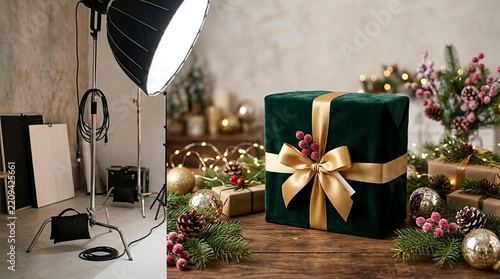 Professional Studio Setup and Result of Luxury Green Velvet Christmas Gift Box with Festive Decor