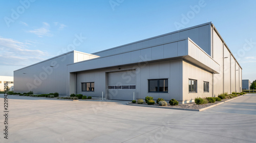 Modern warehouse, manufacturing, industrial building exterior, logistics center, storage facility, factory, commercial real estate