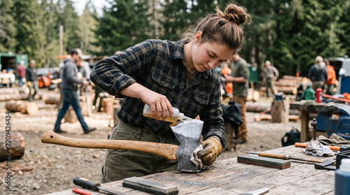 Forestry trainee applies protective oil to sharp axe head at outdoor woodcraft workshop. Concept of sharpening, tool maintenance, lumberjack, forester, whetstone.