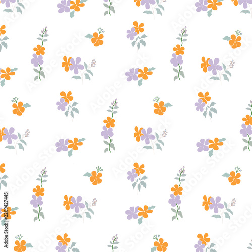Delicate floral pattern with small wildflowers in shades of orange lavender and gray