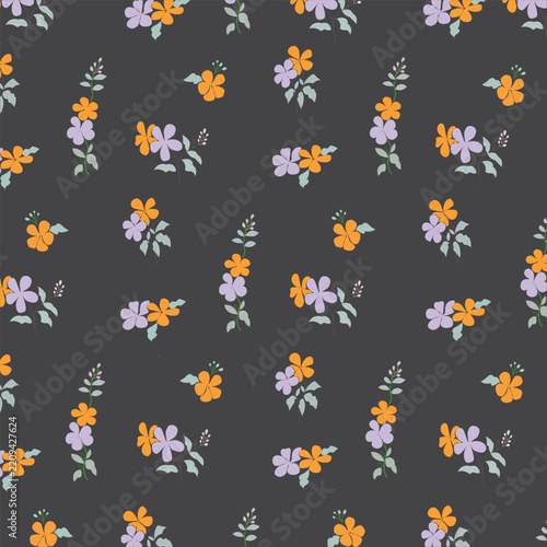 Seamless pattern with small hand drawn orange and purple flowers on a dark grey background