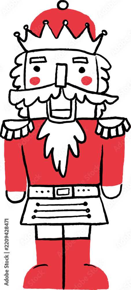 Obraz premium Whimsical hand drawn nutcracker Christmas cartoon character. Cute retro doodle vector illustration and graphic element.