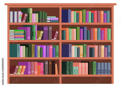 Bookcase full of books. Library interior wooden furniture