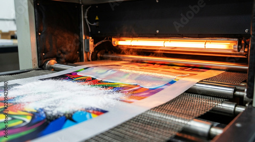 DTF Powder Curing Oven Processing: Vibrant Film Undergoing Heat Application for Direct-to-Film Textile Transfer Printing Technology