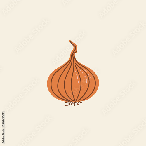 Fresh golden onion bulb, simple colorful vegetable illustration on a light beige background.