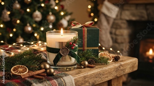 Cozy Christmas Scented Candle with Festive Decorations, Gift Box, and Warm Fireplace Background