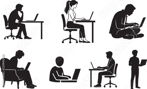 Silhouettes of diverse people working on laptops in various office settings