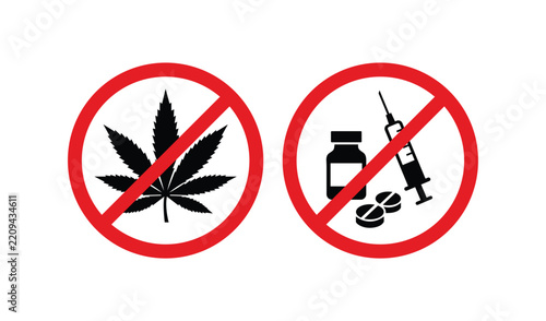 No drugs and cannabis prohibition signs, vector illustration of forbidden symbols for narcotics and marijuana vector