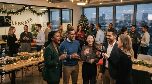 Diverse Group of Happy Business Colleagues Celebrating a Corporate Christmas Party in a Modern Office