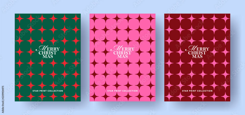 Obraz premium Elegant Christmas collection with geometric star patterns, festive typography and modern holiday layouts. Templates for Xmas cards, gift wrap, packaging, branding, posters and social media.