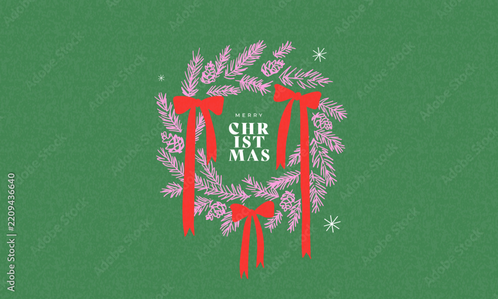 Obraz premium Modern Christmas card with bold typography and hand-drawn festive illustration, featuring wreath with oversized red bows in a playful contemporary style.