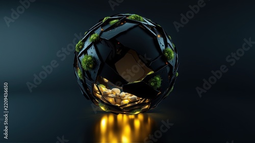 Dark sphere, faceted design. Interior glows warmly, moss accents visible. Dramatic lighting creates strong contrast, modern aesthetic.