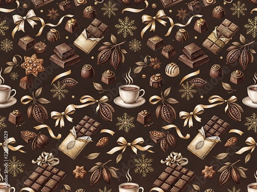 Rich chocolate pattern featuring assorted truffles cocoa beans and golden bows for holiday themes.