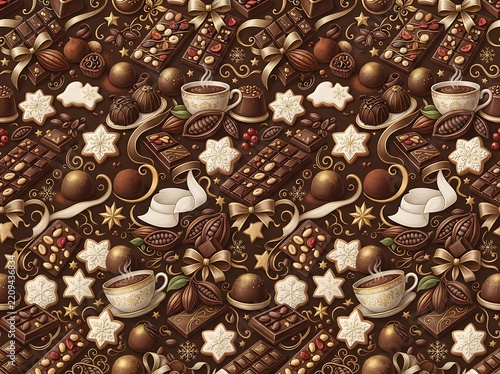 Decadent chocolate seamless pattern with cocoa beans and sweets for confectionery packaging.
