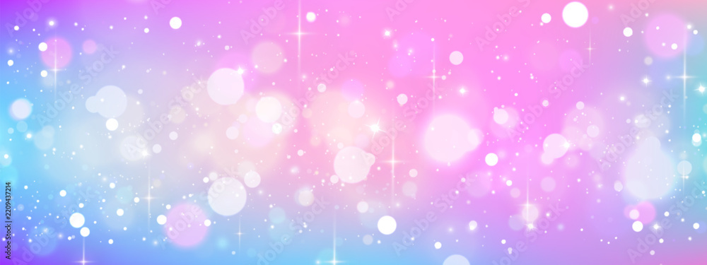 Obraz premium Glitter sparkles on pink and blue gradient background. Vector realistic illustration of dreamy magic backdrop with bokeh effects, abstract wallpaper for princess fantasy designs, pink unicorn themes