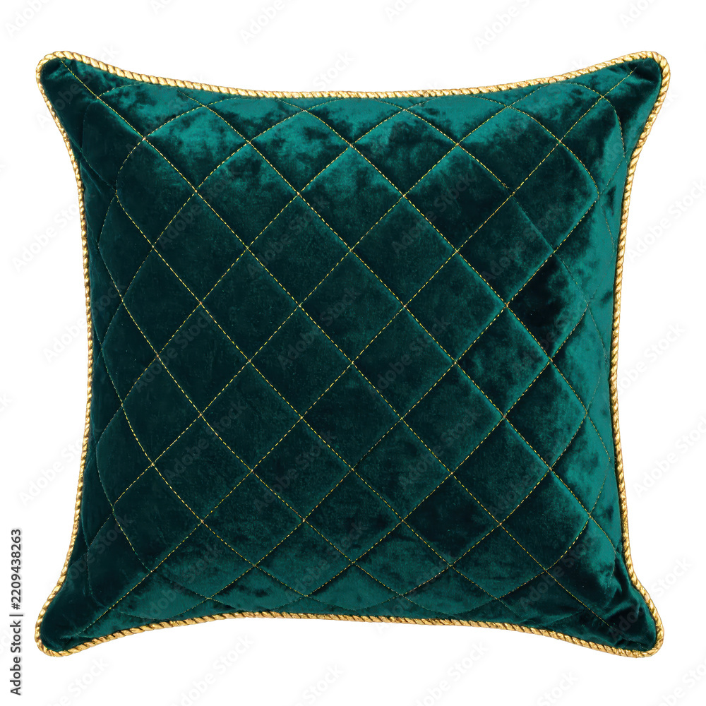 Fototapeta premium Green velvet quilted pillow with golden trim