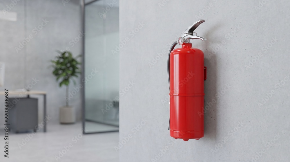 Obraz premium Red fire extinguisher mounted on wall in modern office interior. Workplace fire safety and emergency preparedness. Building protection equipment. Commercial facility safety concept.