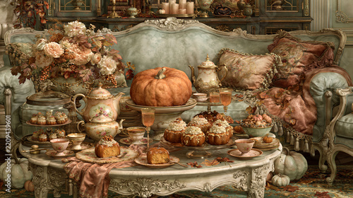 Elegant autumn afternoon tea party featuring delicious pumpkin spiced cupcakes and vintage porcelain tableware settings
