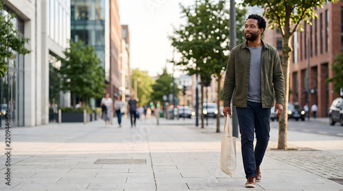 Black man walking on city sidewalk carrying a reusable canvas tote bag