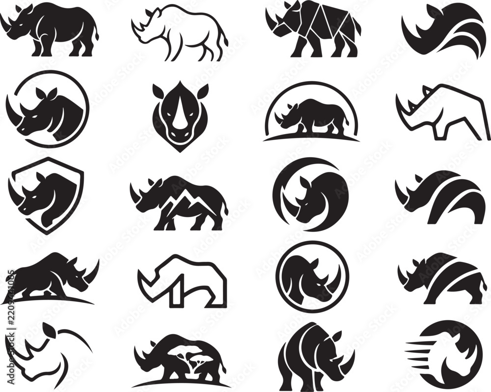 Obraz premium Rhinoceros Logo Collection Set – Modern Black Rhino Animal Mascot Vector Icons