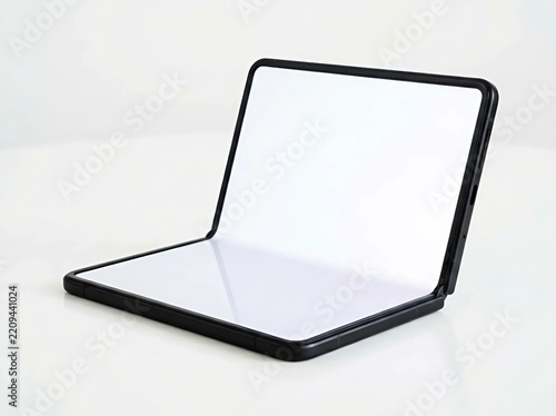 Foldable smartphone mockup in laptop mode half opened angle view with blank dual screen on white surface