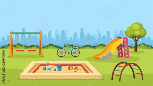 Colorful Playground Scene with Sandbox Swings and Slide in a Sunny Public Park