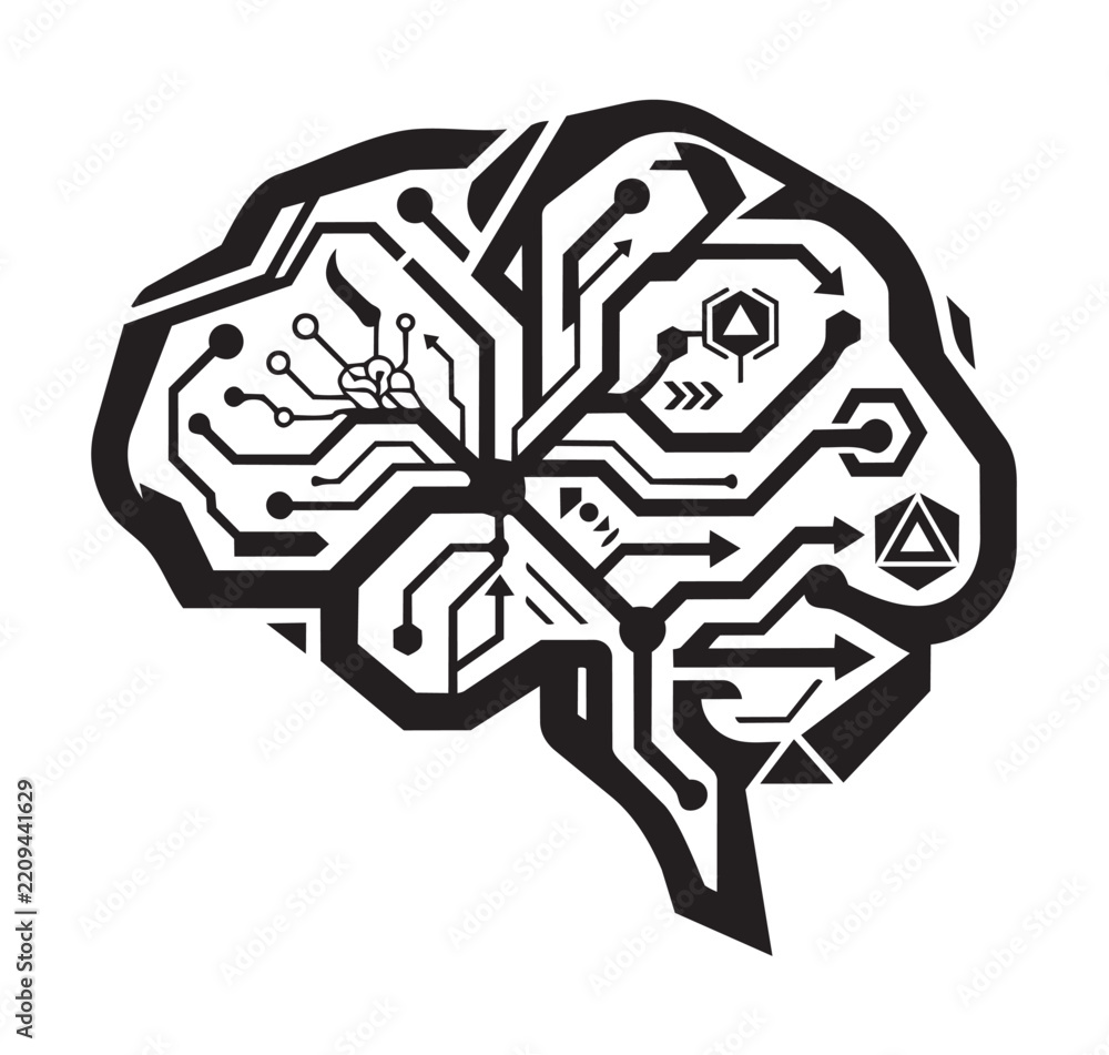 Fototapeta premium Human brain silhouette filled with electronic circuit board pathways and tech arrows tech mind artificial intelligence brain icon data processing neural network digital thinking