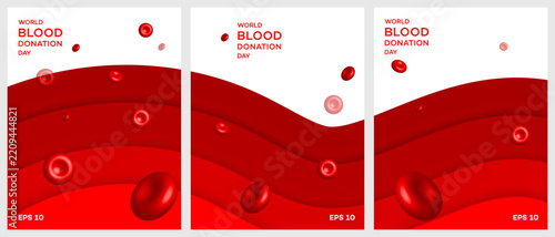 Three graphic banners for World Blood Donation Day, EPS 10, feature rendered red blood cells floating in wavy liquid layers, ideal for medical campaigns and health awareness.
