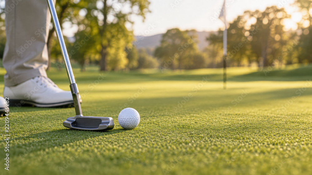 Obraz premium Golfer preparing to putt a golf ball on a green with a flagstick in the distance during a sunny day.