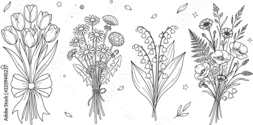 Wildflower bouquet vector set tulip daisy dandelion lily of valley poppy hand drawn vintage floral line art illustration