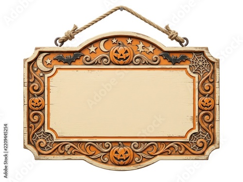 Blank Halloween sign with carved border and hanging rope, trick or treat decor