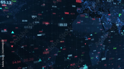 Digital world map with moving financial stock numbers, highlighting Strait of Hormuz global trade crisis and energy market.