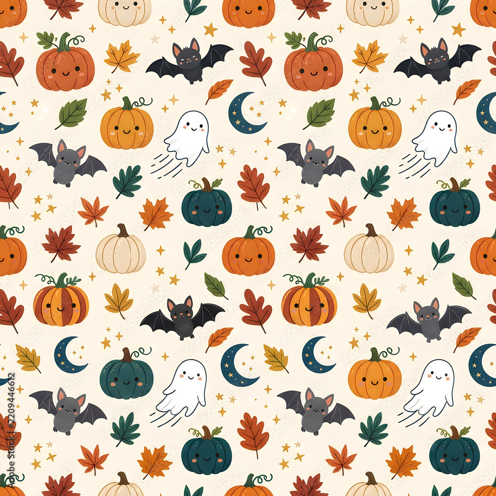 Fototapeta premium Seamless halloween pattern with pixel art pumpkins ghosts bats and autumn leaves