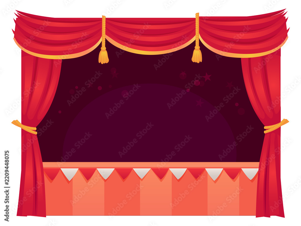 Obraz premium Puppet theater scene. Red curtain empty stage