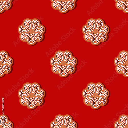 Seamless Christmas Pattern with Flower-Shaped Gingerbread Cookies Decorated with Icing